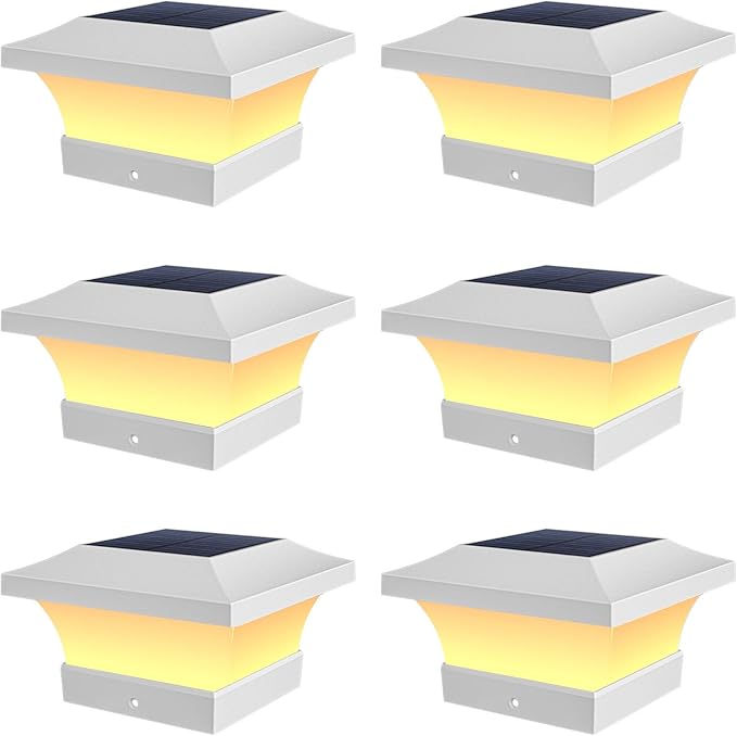 T-SUN Solar Post Cap Lights, Waterproof Outdoor Solar Powered Deck Fence Post Lights for 4 X 4 Wooden/Vinyl Posts, 3000K Warm White Lighting Decor for Deck, Patio, Garden, Porch, Fence(White - 6 Pack)