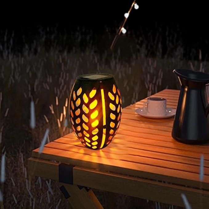 2PCS Solar Table Lanterns with Flickering Flame Light Outdoor Waterproof, Metal Desktop Decorative Lamp with Hollow Design for Tabletop Garden, 7.3" H Black Leaf