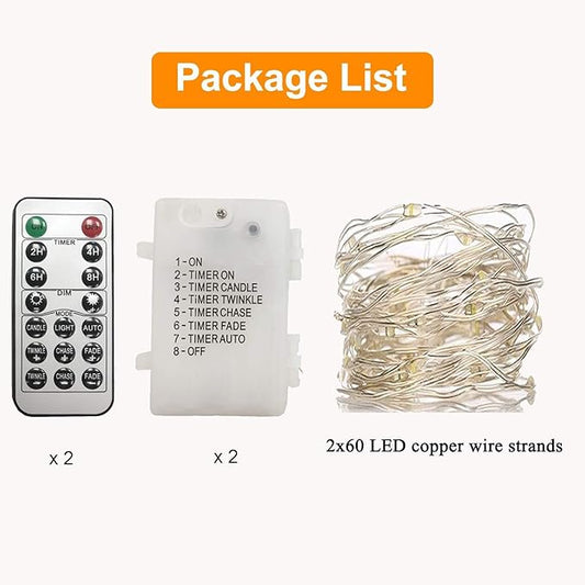 2 Pack 20 Feet 60 Cold White Led Fairy Lights Battery Operated with Remote Control Timer Waterproof Silver Copper Wire Twinkle String Lights for Party Bedroom Wedding Christmas Decorations