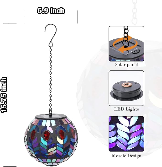 Hanging Solar Lantern Outdoor Waterproof - Solar Gazing Ball Mosaic Outdoor Hanging Lights Hanging Lantern Garden, Patio, Pathway & Yard Décor