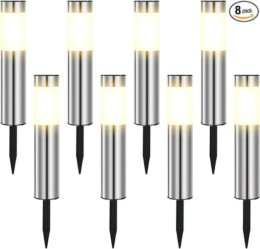 8 Pack Solar Pathway Lights Outdoor, Solar Walkway Lights with Polished Stainless Steel Layer, IP45 Waterproof Outdoor Solar Lights for Garden Yard Landscape Driveway Patio Deco