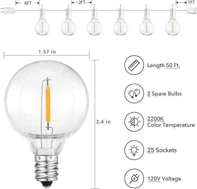 50ft White String Lights for Yard, Waterproof LED