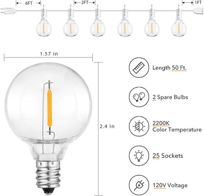 Brightown Outdoor String Lights, 50FT 25 G40 Bulbs Shatterproof Patio Lights, IP65 Waterproof Dimmable Hanging Connectable Globe LED Outdoor Lights for Backyard, Bistro, Porch, Deck, Balcony, White