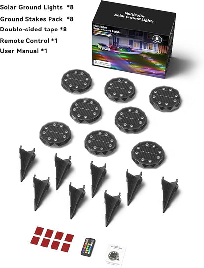 Solar Ground Lights with Remote Control 50ft,IP67 Waterproof Solar Garden 15 Multi Color Lights,RGBYW Solar Powered Outdoor Landscape Lighting for Pathway,Yard,Deck,Lawn,Patio,Walkway,Poolside,8 Pack