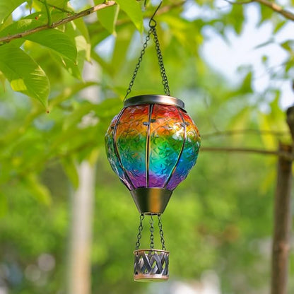 DREAMSOUL 2 PCS Rainbow Solar Hot Air Balloon Lantern with Flame, Metal & Glass Solar Lanterns Outdoor Waterproof for Lawn Patio Tree Decor