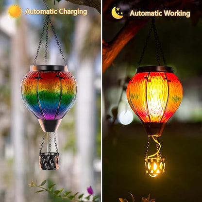 DREAMSOUL Hot Air Balloon Solar Lantern with Candle Holder, Glass Hanging Solar Lantern with Flickering Flame, Solar Lanterns Outdoor Waterproof for Lawn, Patio, Porch, Tree Decor