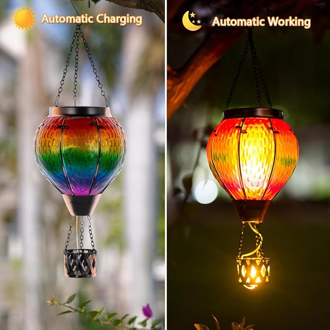 DREAMSOUL 2 PCS Solar Hot Air Balloon Lantern with Flame, Glass Hanging Solar Lanterns Outdoor Waterproof for Lawn Patio Porch Decor