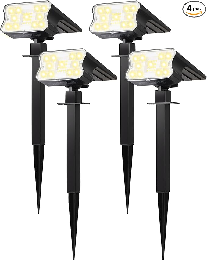 HGGH Solar Lights Outdoor Waterproof IP67, 60 LED 3 Lighting Modes Solar Spot Lights Outdoor for Yard Garden Pathway Landscape, Auto On/Off, Function 2 in 1(Warm White, 4 Pack)