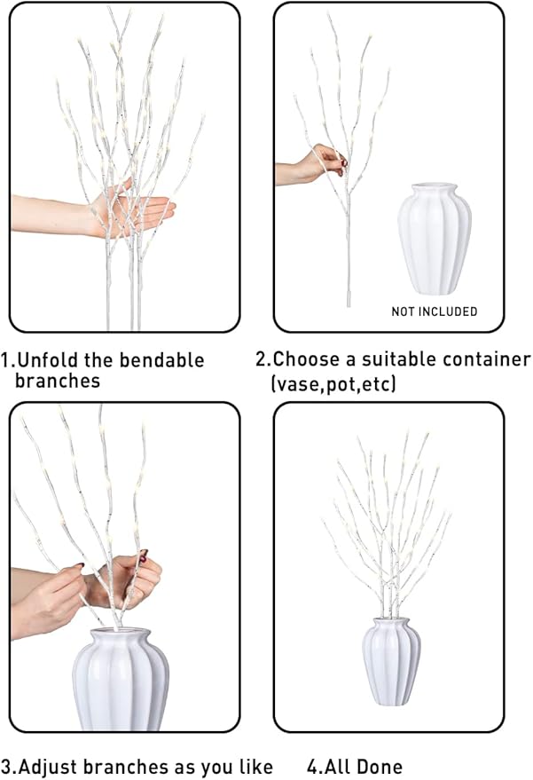 Lit White Birch Twig Branch Lights 30IN 60LT Plug in Lighted Willow Branch for Home Holiday Party Wedding Spring Decoration Indoor and Outdoor Use (Vase Excluded)
