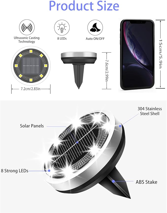Solar Lights Outdoor Waterproof, 26 Pack 8 LED, Thickened Stainless Steel Ground Light, Solar Garden Lights Landscape Lighting for Patio Pathway Lawn Yard Deck Driveway Walkway, Cool White