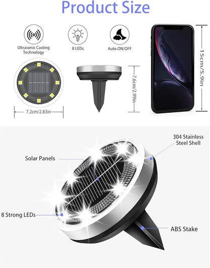 Solar Lights Outdoor Waterproof, 2 Pack 8 LED, Thickened Stainless Steel Ground Light, Solar Garden Lights Landscape Lighting for Patio Pathway Lawn Yard Deck Driveway Walkway, Cool White