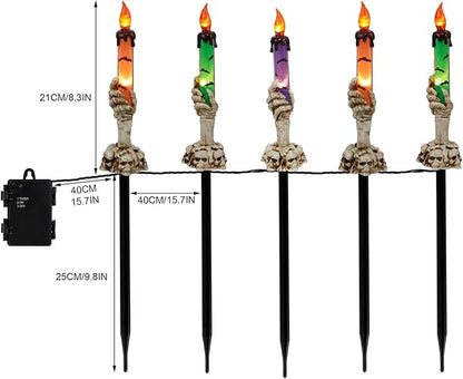 Halloween Candle Light Stakes, 5 Pack Skeleton Hands Hold Lighted Candle Pathway Makers, Waterproof Battery Operated with Timer, Light Up Figurine for Indoor Outdoor Holiday Party