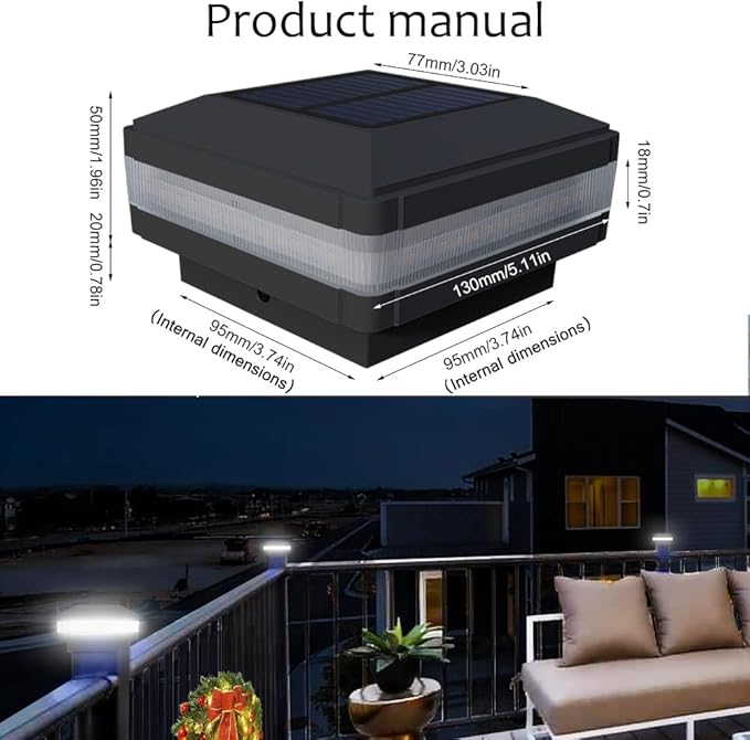Sumaote Solar Post Cap Light, Outdoor Waterproof LED Solar Post Light Fits 4x4 5x5 6x6 Wooden Posts Fence Lights Platform Garden Patio Deck 6000K White Lighting, Black Shell, 1 Pack