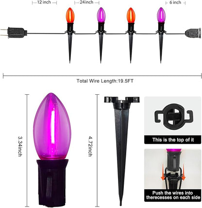 Halloween Pathway Lights Outdoor, 19.5Ft Orange Purple Halloween String Lights with 10 C9 LED Bulbs and Stakes, Connectable Outdoor Waterproof Marker Stake Lights for Halloweens Path Yard Lawn, Garden