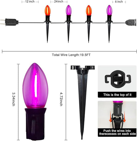 Halloween Pathway Lights Outdoor, 19.5Ft Orange Purple Halloween String Lights with 10 C9 LED Bulbs and Stakes, Connectable Outdoor Waterproof Marker Stake Lights for Halloweens Path Yard Lawn, Garden