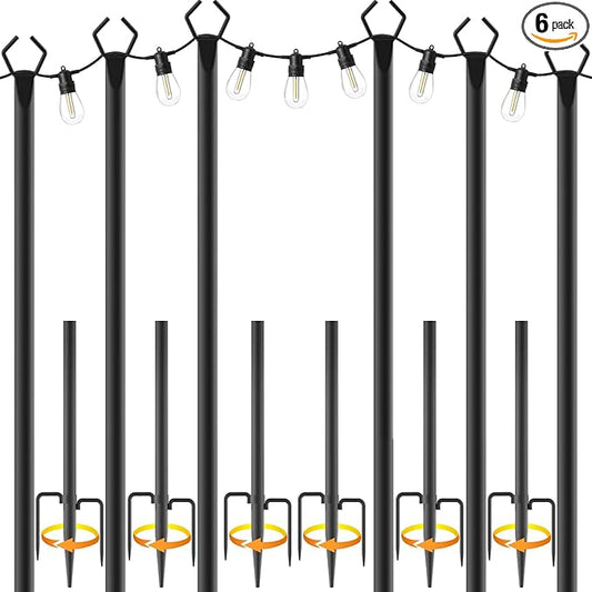 10Ft String Light Poles 6 Pack,Light Poles for Outside Lights,Outdoor with Fence Brackets Hanging Lights,Metal Stand Deck Patio Backyard