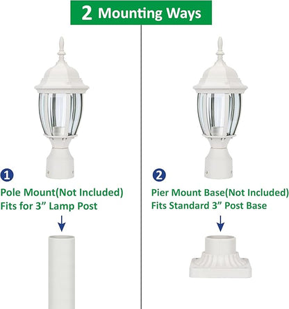 LIT-PaTH Outdoor Post Lighting Fixture Pole Lantern, E26 Medium Base Max 60W, Aluminum Housing Plus Glass, Matte White Finish, 1-Pack