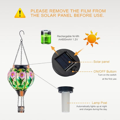 DREAMSOUL Hummingbird Hot Air Balloon Solar Lantern, Hanging Solar Lanterns Outdoor with Flickering Flame Light, Metal & Glass Solar Lanterns Outdoor Waterproof for Patio Yard Decor