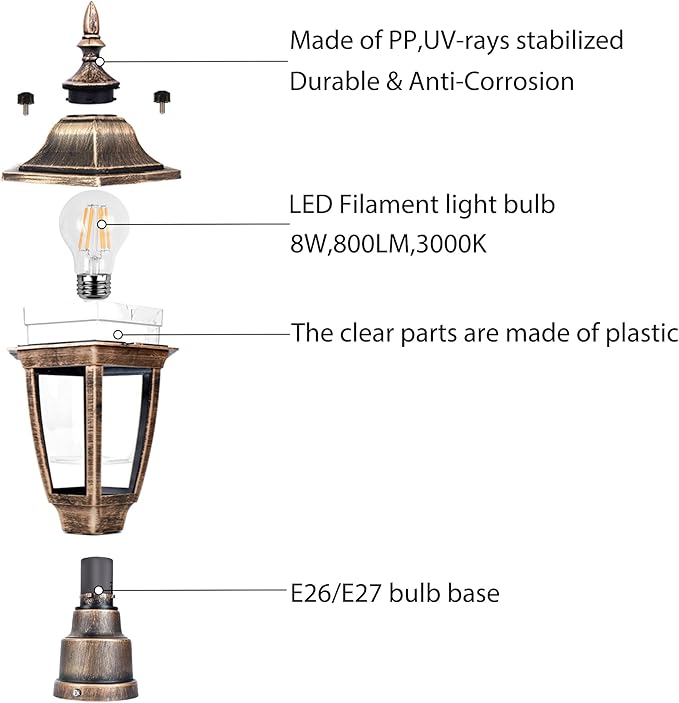 FUDESY Outdoor Post Lights, Electric Exterior Lamp Post Light Fixture with Pier Mount Base, LED Bulb Included, Anti Corrosion Plastic Materials, 2-Pack Pole Lanterns for Garden, Patio, Pathway