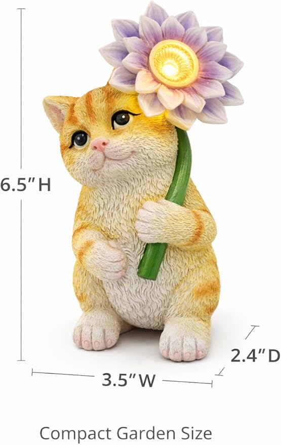 Solar Cat Garden Statue with LED Flower for Mom Woman – 6.5‘’ Hand-Painted Resin Outdoor Kitten Figurine, Automatic Night Light, Yard Patio Lawn Decor (Kitten)