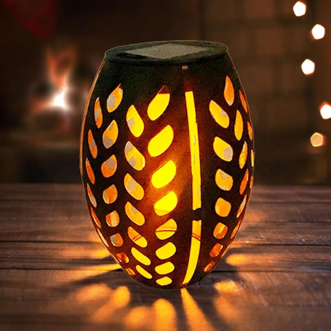 2PCS Solar Table Lanterns with Flickering Flame Light Outdoor Waterproof, Metal Desktop Decorative Lamp with Hollow Design for Tabletop Garden, 7.3" H Black Leaf