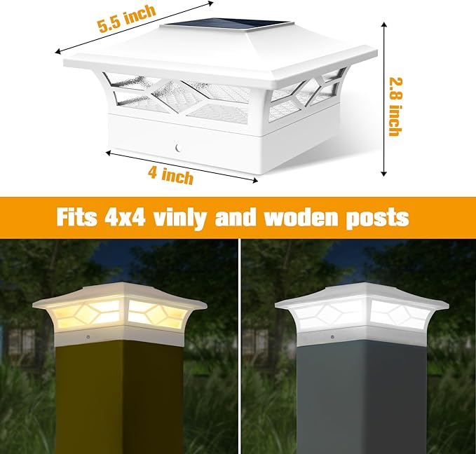 Solar Fence Post Lights, Cap Lights for 4x4/5x5 Vinyl Fence and 4x4/6x6 Wooden Post, Warm White/Cool White Lighting, White Solar Cap Outdoor Waterproof Decorate Garden Pathway Dcek Patio