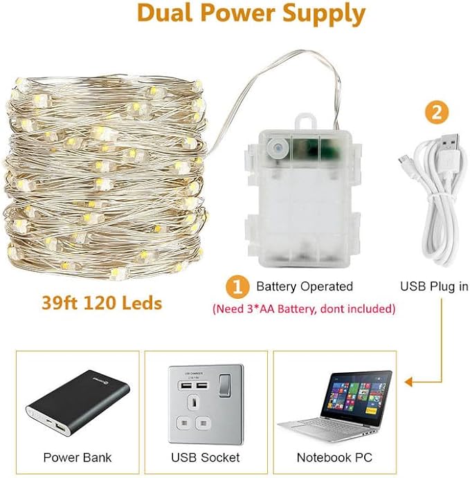 39ft Christmas LED String Lights, Waterproof Timer Lights