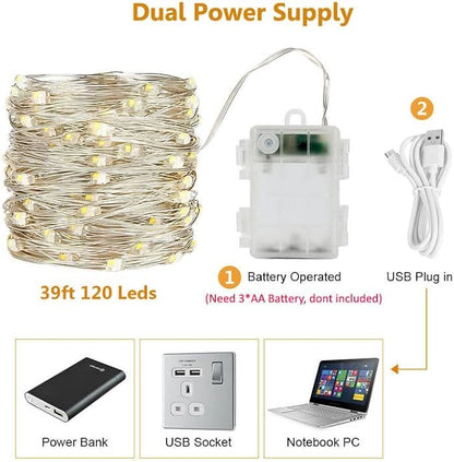 39ft Christmas LED String Lights, Waterproof Timer Lights