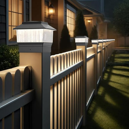Solar Post Cap Lights 4 Pack, Modern #2: Fits True 4x4 Vinyl & 5x5 Wood Posts, 3 Color Temperature, 50 Lumen Waterproof Outdoor Lights for Deck Fence, Matte Black