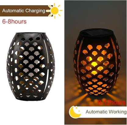 2PCS Solar Table Lanterns with Flickering Flame Light Outdoor Waterproof, Metal Desktop Decorative Lamp with Hollow Design for Tabletop Garden, 7.3" H Black Shell