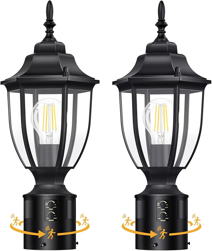 Lamomo 2 Pack Motion Sensor Outdoor Post Lights, Dusk to Dawn Lamp Post Light Fixture, Waterproof Aluminum Lamp Posts Outdoor Lighting Pole Lantern for Yard Patio Pathway Garden