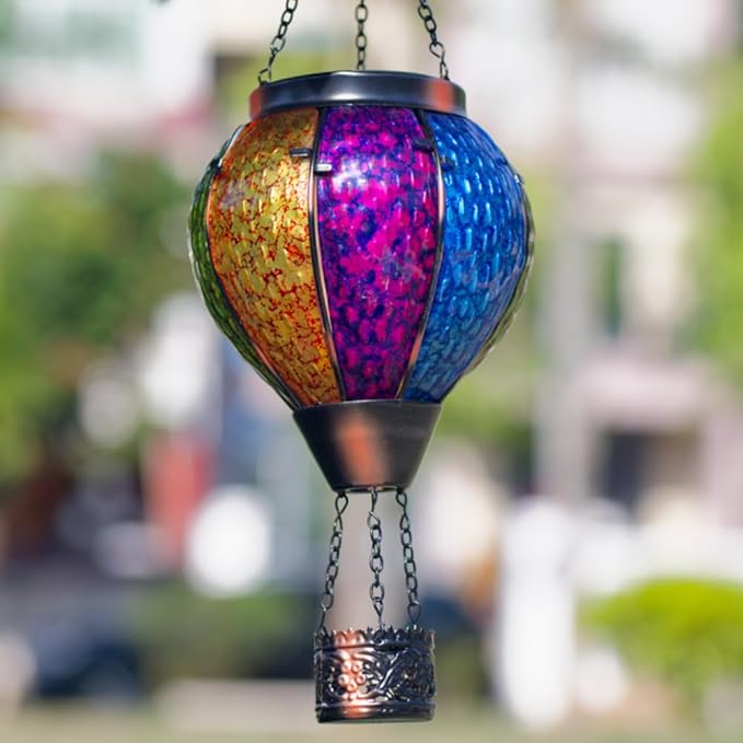Solar Hot Air Balloon Outdoor Lantern with Flickering Flame, Handmade Glass Hanging Outdoor Lantern Waterproof Decorative Lantern Lamp for Patio, Garden, Porch (Colorful)