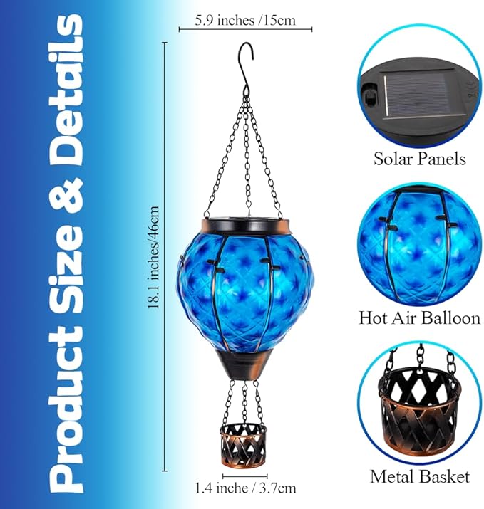Solar Hot Air Balloon Lantern with Flame,Glass Solar Hanging Lights Outdoor Waterproof,Hot Air Balloon Solar Blue Star Lamp Decorative for Lawn Porch Tree Yard