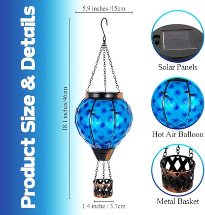 Solar Hot Air Balloon Lantern with Flame,Glass Solar Hanging Lights Outdoor Waterproof,Hot Air Balloon Solar Blue Star Lamp Decorative for Lawn Porch Tree Yard