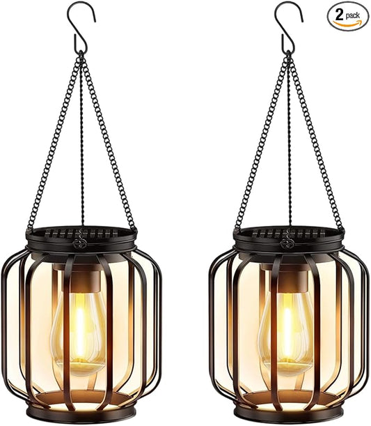 2 Pack Solar Lanterns Outdoor Waterproof, Upgraded Metal LED Lanterns, Warm Light, Auto On/Off, Brighter Hanging Solar Lantern for Yard Patio Pathway Porch Garden Decor (Columnar)