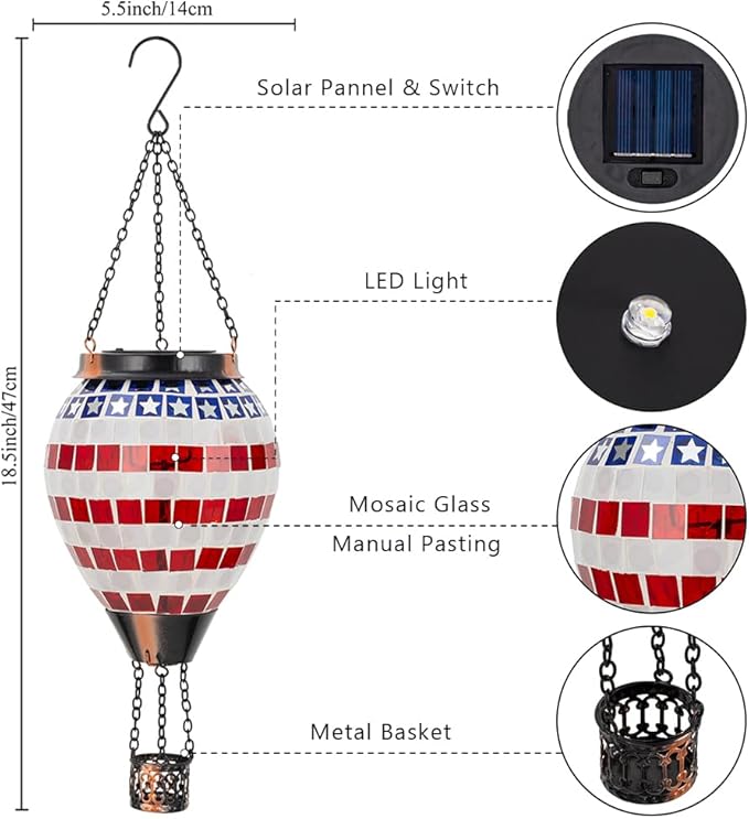 Flag Hot Air Balloon Solar Lantern, Mosica Glass Hanging Solar Lanterns Outdoor Waterproof for Garden, Yard, Patio Decor