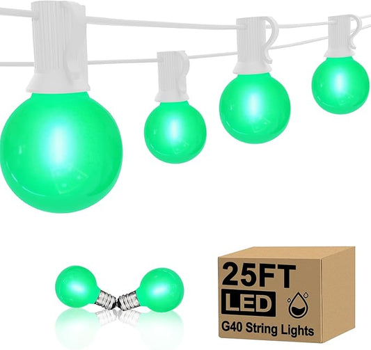 25FT G40 LED Outdoor St. Patrick's Day Green String Lights, St. Patrick's Day Decorations Lights with 27 Shatterproof Globe Bulbs, Hanging Patio Lights for Backyard Garden Party Wedding Christmas