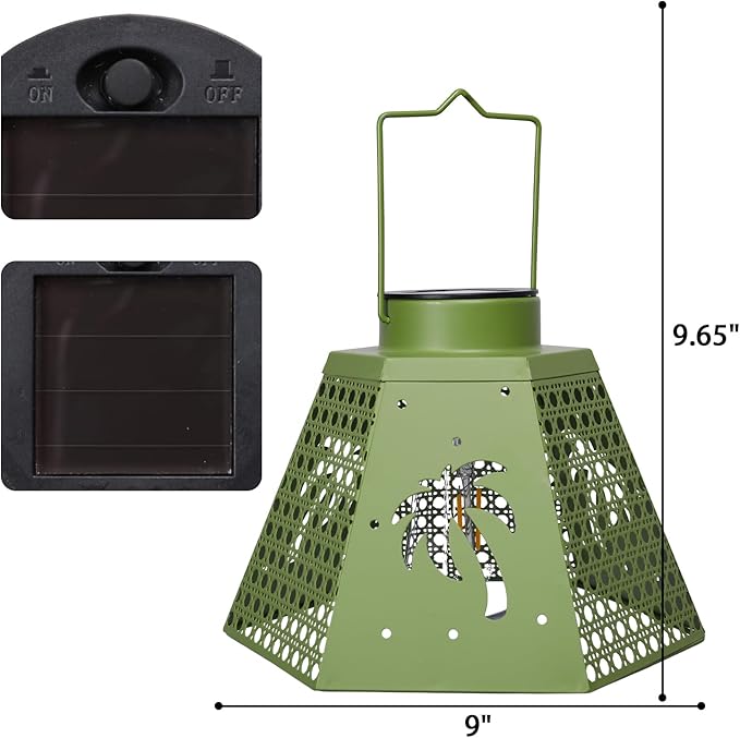 Outdoor Solar Lanterns Waterproof Hanging Solar Metal Lantern 9.5" Coconut LED Lantern Yard Art Decor for Yard, Patio, Hallway, Birthday Mothers' Day Gifts (2 Pack, Green)