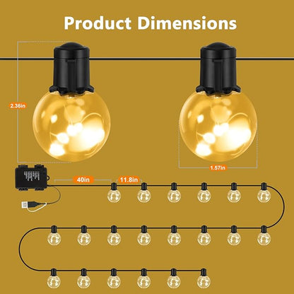 Outdoor String Lights Battery Operated, 22ft 20 LED Bulbs Hanging Lights Dimmable with Timer, Globe Bulb Shatterproof & Waterproof for Outdoor Indoor Patio Backyard Balcony Decor - Warm White
