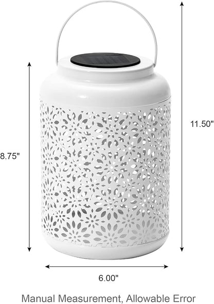 Glitzhome Solar Lantern White Metal Cutout Flower Outdoor Hanging Solar Light with Handle for Garden Patio Yard Outdoor Decor
