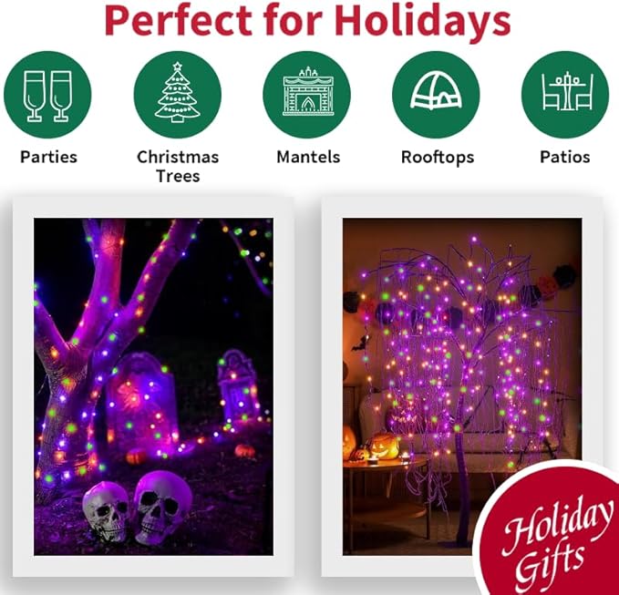 50 LED Halloween Twinkle Lights, 16ft Waterproof for Porch