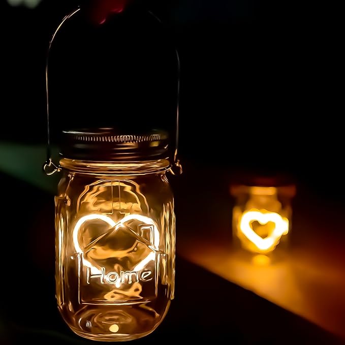 Halloween Christmas Projector Lights, Hanging Solar Mason Jar Lights, 4 Pack Heart Shape Lights, Solar Lanterns Outdoor Waterproof, Hangers and Jars Included,Home Patio Party Garden Patio Decor