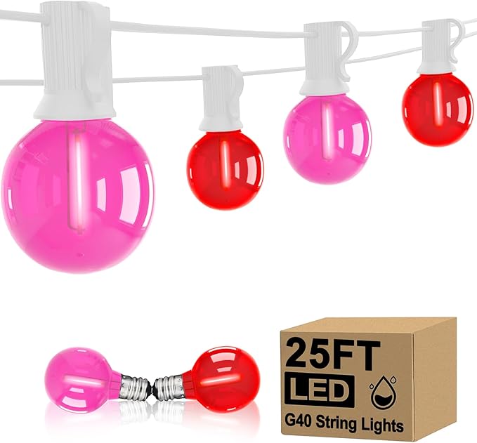 25FT G40 LED Outdoor Valentine's Day String Lights, Red and Pink Valentines Decorations Lights with 27 Shatterproof Globe Bulbs, Hanging Patio Lights for Home Balcony Backyard Garden Party Wedding