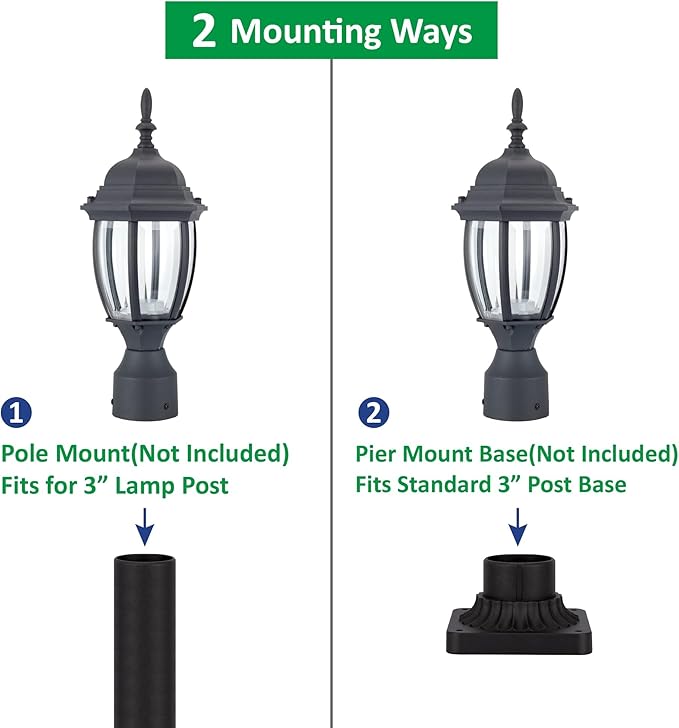 LIT-PaTH LED Outdoor Post Lighting Fixture, Pole Lantern, 9.5W 800 Lumens, 3000K Warm White, Aluminum Housing Plus Glass, Matte Black Finish, 2-Pack