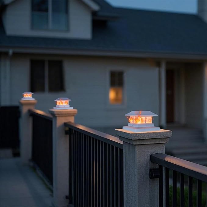 Dynaming Solar Flame Post Cap Lights Outdoor, Solar Powered White Shell Fence Post Light, Flickering Flame LED Lamps Waterproof for Garden Deck Patio, Fit 4x4, 5x5 or 6x6 Vinyl/Wooden Posts, 2 Pack