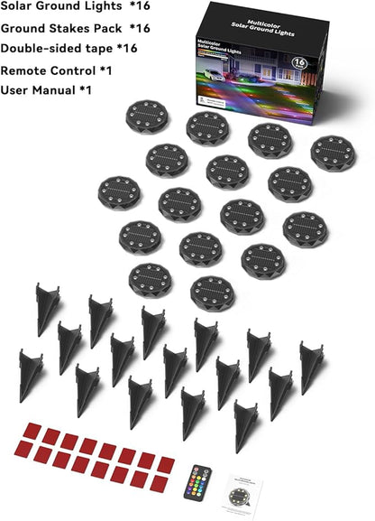 Solar Ground Lights with Remote Control 50ft,IP67 Waterproof Solar Garden 15 Multi Color Lights,RGBYW Solar Powered Outdoor Landscape Lighting for Pathway,Yard,Deck,Lawn,Patio,Walkway,Poolside,16 Pack