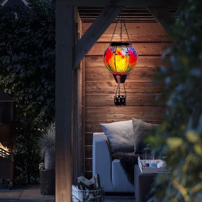 STARSOUL Solar Hot Air Balloon Lantern with Flickering Flame, Colorful Hanging Solar Lantern Outdoor Waterproof, Hot Air Balloon Solar Light Decorations for Garden Yard Lawn Porch Porch Backyard