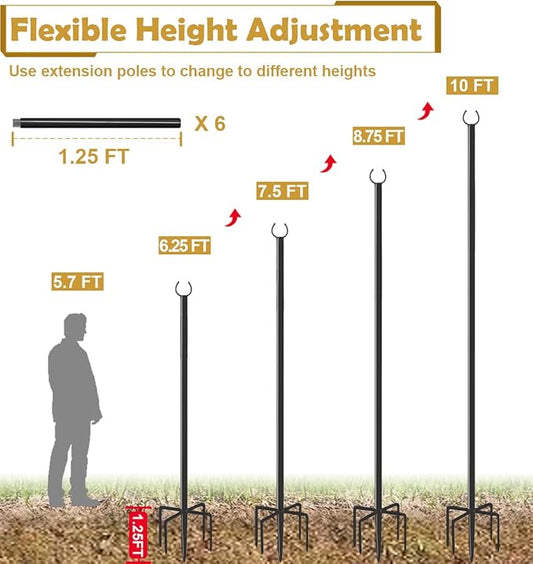 10 FT Outdoor String Light Pole Stand for Garden Lawn, Adjustable Globe Patio Light Post for Hanging Outside Decorate Lighting, 1 Pack