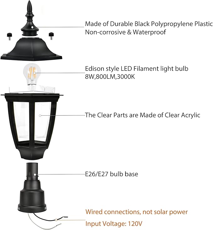 FUDESY Outdoor Post Lights, Electric Exterior Lamp Post Light Fixture with Pier Mount Base, LED Bulb Included, Anti Corrosion Black Plastic Materials, Pole Lanterns for Garden, Patio, Pathway