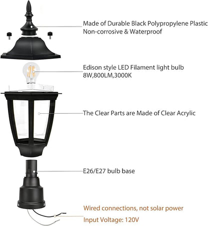 FUDESY Outdoor Post Lights, Electric Exterior Lamp Post Light Fixture with Pier Mount Base, LED Bulb Included, Anti Corrosion Black Plastic Materials, Pole Lanterns for Garden, Patio, Pathway